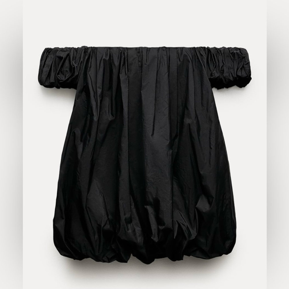 NWT ZARA Off Shoulder TAFFETA Black Mini Dress Balloon Dress Small With Lining - Picture 3 of 11
